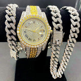 Amazing 3PCS Full Iced Out Men's Cuban Link Chain Bracelet Necklace Bling Gold Chain Hip Hop Watch Set