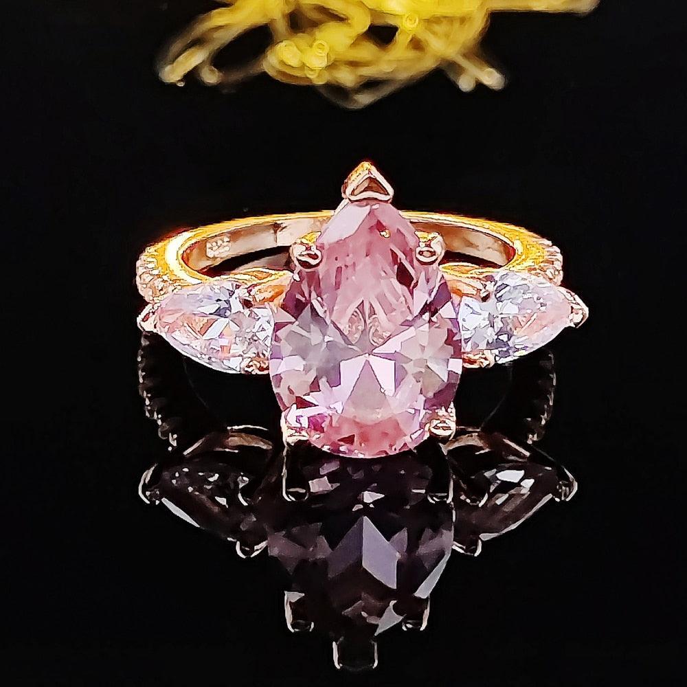 NEW Arrivals Pear Cut Gold Color Pink Designer AAA+ Quality CZ Diamonds Luxury Fashion Ring - The Jewellery Supermarket
