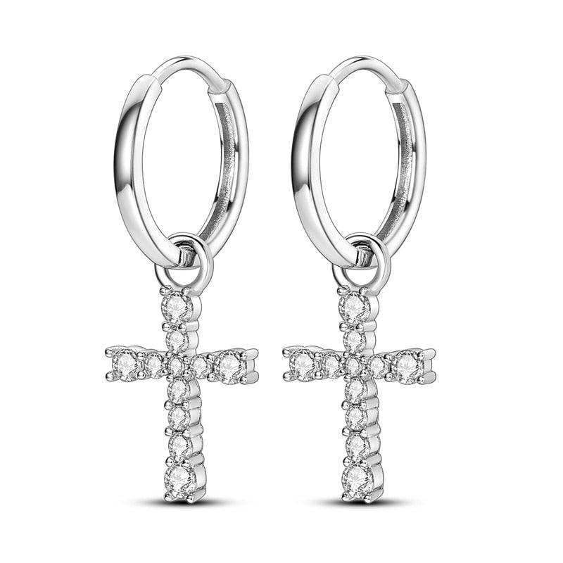 Sparkling Silver Color Zircon Crystals Christian Cross Prayer Hoop Earrings For Women - Fashion Jewellery - The Jewellery Supermarket