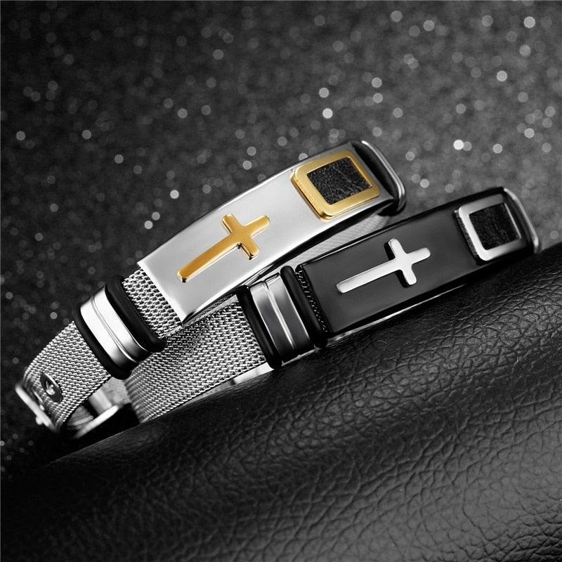 Length Adjustable Stainless Steel Strap Bracelets for Men and Women - Christian Cross Watch Band  - The Jewellery Supermarket
