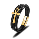 Classic Cross Egyptian Ankh Life Symbol Antique Multilayer 316L Magnetic Clasp Wrap Leather Bracelet - Religious Bangle - The Jewellery Supermarket