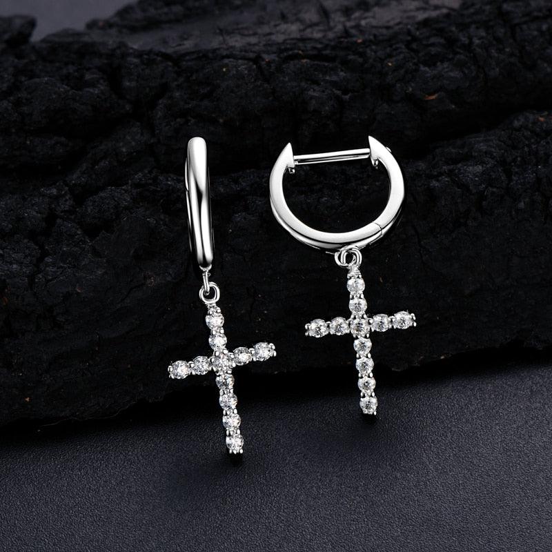 Round Cut Cross ♥︎ High Quality Moissanite Diamonds ♥︎ Hoop Dangle Huggie Earrings - Trendy Fine Jewellery - The Jewellery Supermarket