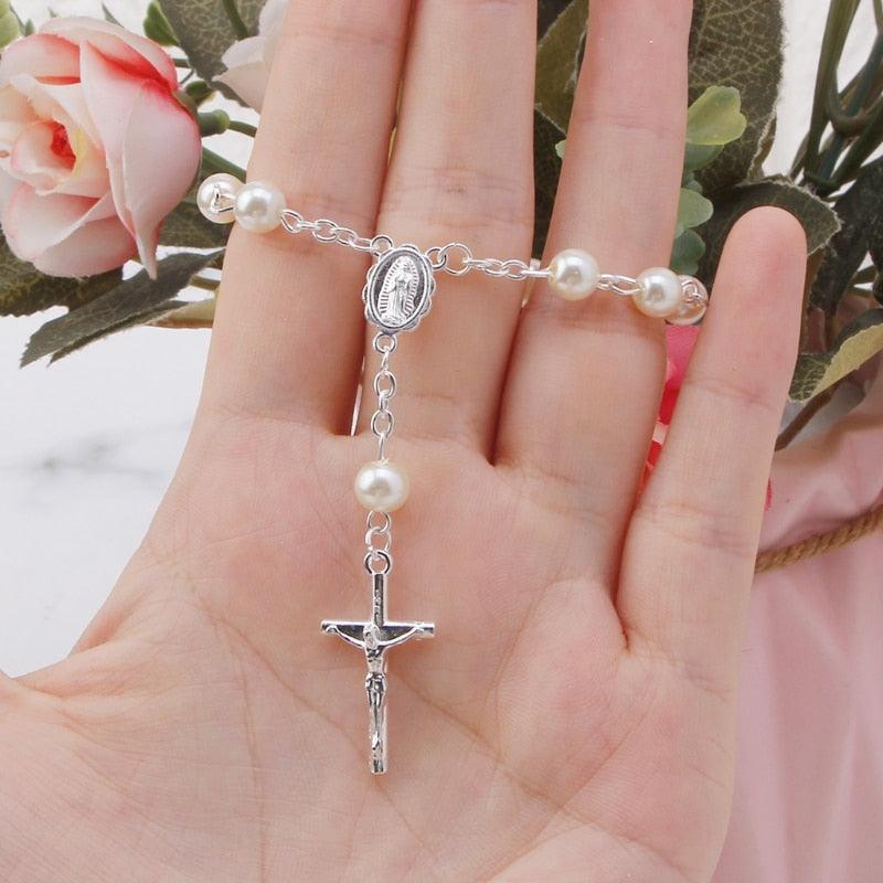 Mini Rosary Finger Baptism Rosaries Faux Pearls Bracelet for Baptism - Catholic Cross Finger Chain - The Jewellery Supermarket