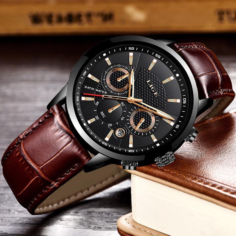 Great Gifts for Men - Top Luxury Brand Waterproof Sport Chronograph Quartz Watch with Genuine Leather - The Jewellery Supermarket
