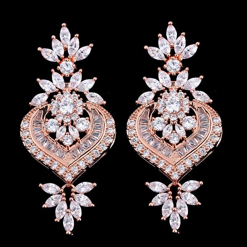 New Rose Gold Luxury ♥︎ High Quality AAA+ Cubic Zirconia Diamonds ♥︎ Big Long Flower Pendant Drop Earrings - The Jewellery Supermarket