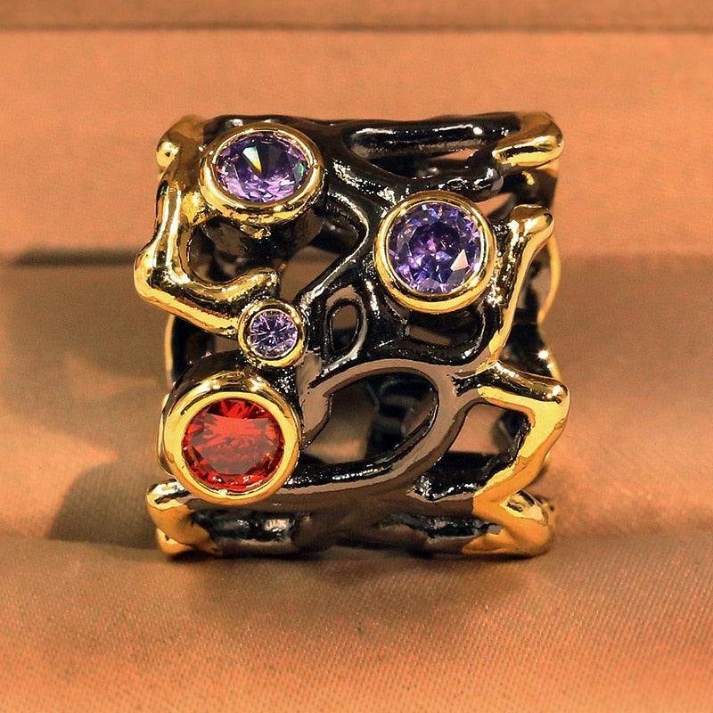 High quality Black gold-plated color stone hollow colorful separation ring - The Jewellery Supermarket