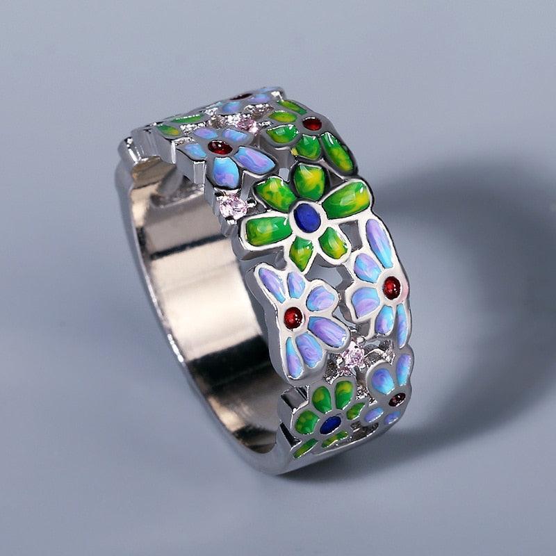 New 2022 - Handmade Elegant Colored Flower Enamel Bohemian Style Ring - The Jewellery Supermarket