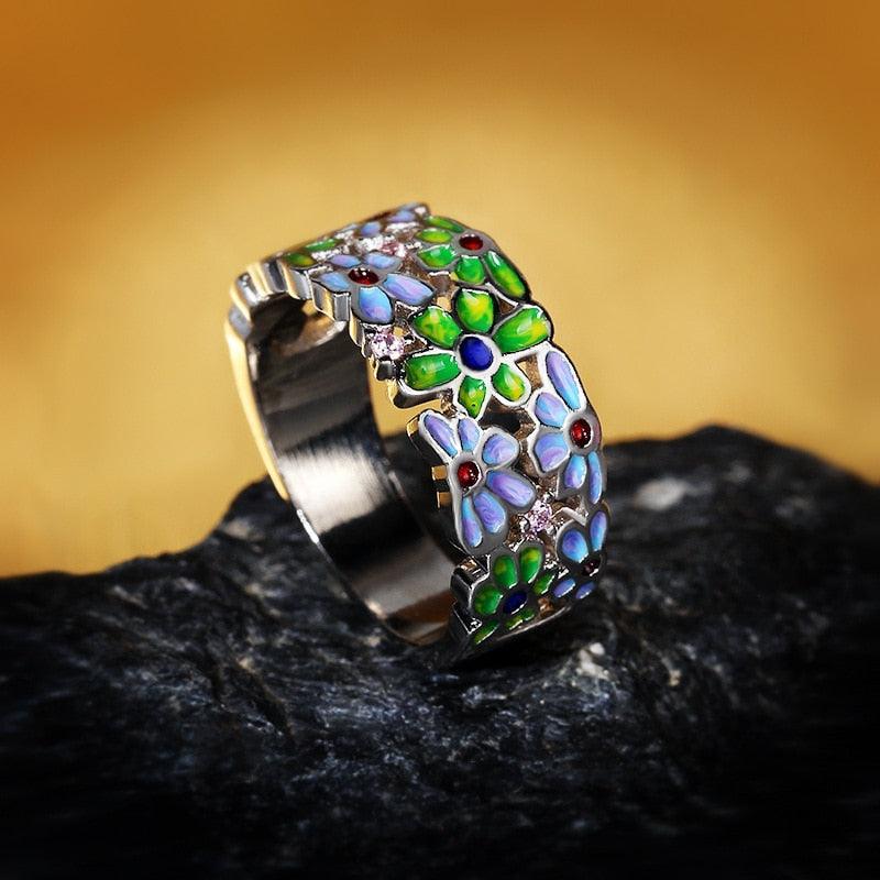 New 2022 - Handmade Elegant Colored Flower Enamel Bohemian Style Ring - The Jewellery Supermarket