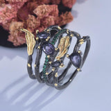 Vintage Exquisite Black Gold Color AAA+ CZ Purple/Red/Green Crystal Stone Leaf Feather Ring - The Jewellery Supermarket