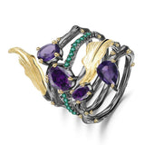 Vintage Exquisite Black Gold Color AAA+ CZ Purple/Red/Green Crystal Stone Leaf Feather Ring - The Jewellery Supermarket