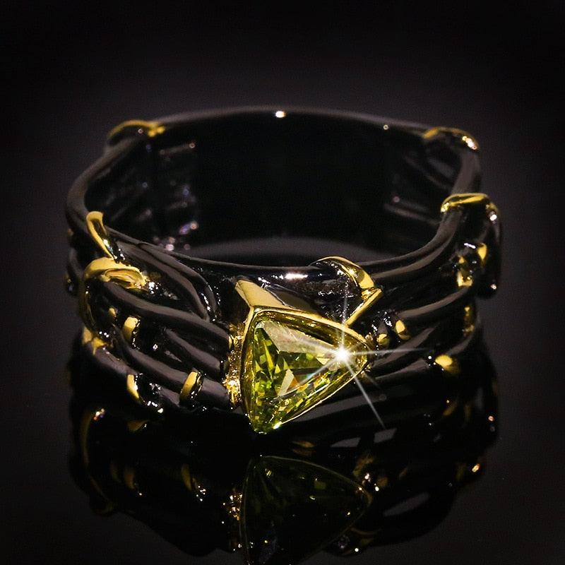 Unique Design Exaggerated Black Gold Tungsten Triangle AAA Green Zircon Personality Ring - The Jewellery Supermarket