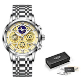 Great Gifts for Men - Brand Luxury Moon Phase Waterproof Chronograph Stainless Steel Quartz Watch - The Jewellery Supermarket