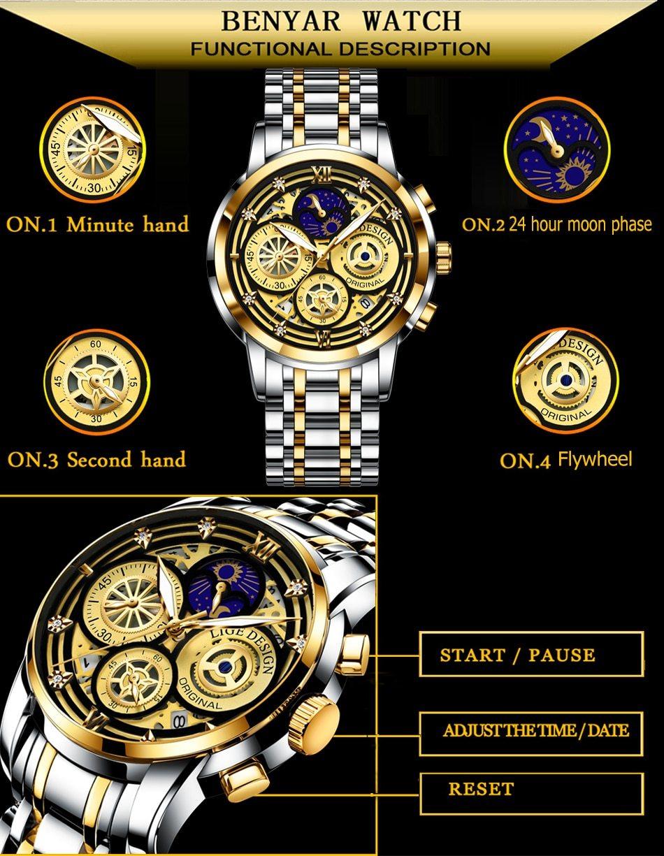 Great Gifts for Men - Brand Luxury Moon Phase Waterproof Chronograph Stainless Steel Quartz Watch - The Jewellery Supermarket