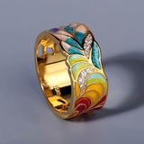 New Silver Handmade Enamel Fashion Golden Color Feather AAA+ Zircon Ladies Ring - The Jewellery Supermarket