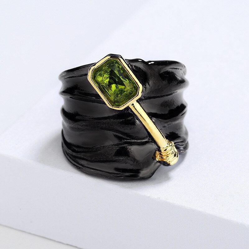 Two-Tone Inlaid Topaz Green AAA+ Zircon Crystal Special Design Black Gold Colour Ring - The Jewellery Supermarket