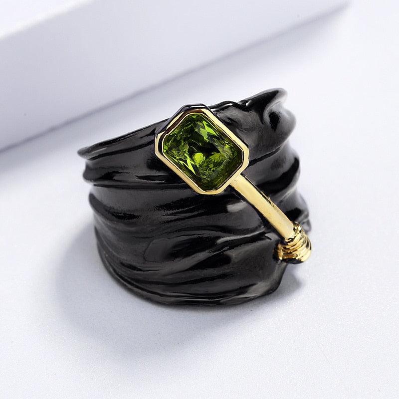Two-Tone Inlaid Topaz Green AAA+ Zircon Crystal Special Design Black Gold Colour Ring - The Jewellery Supermarket