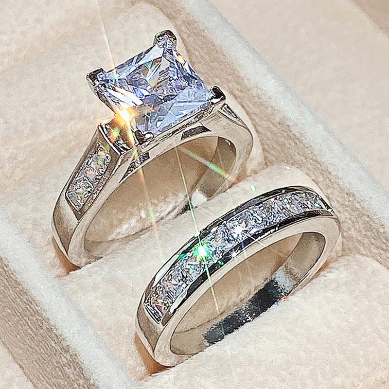 *NEW* Dazzling Square AAA+ Cubic Zirconia Diamonds Luxury Fashion Wedding Ring Set - The Jewellery Supermarket
