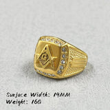 Gold Colour Free Mason 316L Stainless Steel with Rhinestone Crystals Masonic Ring - The Jewellery Supermarket